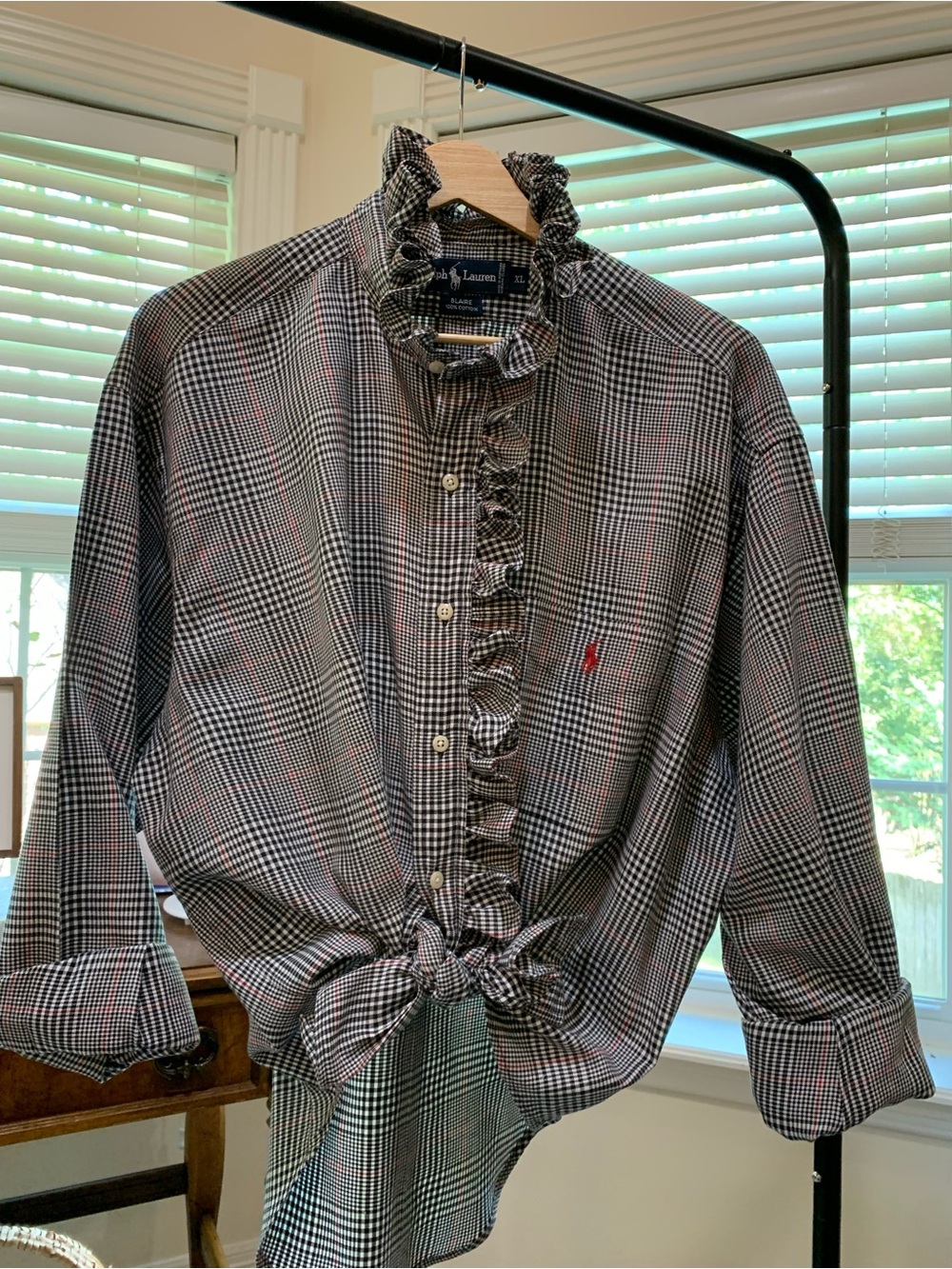 Ralph Lauren Black & White Glen Plaid Ruffle-Front Button Shirt with Red Pony